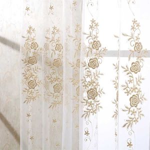 Europe Gold Luxury Sheer Curtain Kitchen Beige Tulle Window Drapes Rose Embroidery Living Room Bedroom Decor X-ZH001#4 211203