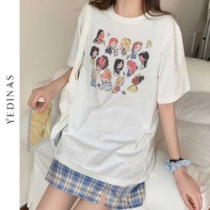 Yedinas Kawaii tecknadtryck t-shirt Kvinnor Koreansk stil harajuku t-tröjor Tjejer anime toppar sommar grafisk tee casual vit 210527