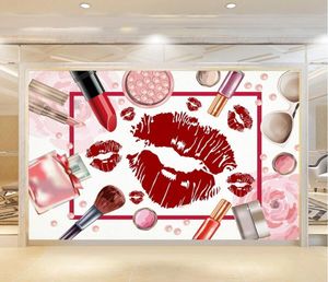 Sfondi Personalizzati Po Carta da parati 3d Labbra rosse Cosmetici Trucco Bellezza Nail Shop Decor Soggiorno Murales per pareti 3 D