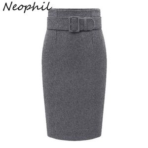 Neophil inverno grigio grigio folto lana midi matita gonne plus size donne casual slim slim vita cintura in vita ufficio ufficio indossare saias s1205 210311