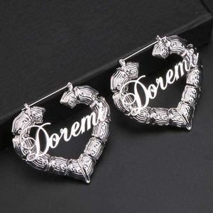 DOREMI 7cm Stainless Steel Bamboo Custom Heart Shape Earrings Customize Name Earrings Bamboo Style Custom Hoop Earrings Numbers 210924