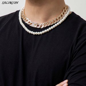 Kpop Luxury Crystal Chain Cubana para Mulheres Homens Vintage Imitação de Pérolas Pérola Gargantilha Colar De Moda Pescoço Jóias 2021