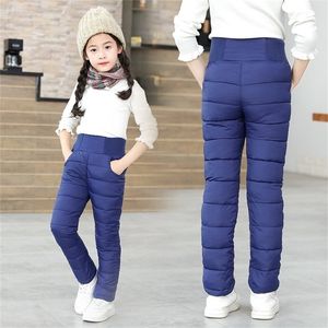Crianças inverno calças meninos meninas calças de algodão acolchoado grossa calças quentes impermeáveis ​​calças de esqui 9 10 12 anos de cintura alta leggings bebê 210306