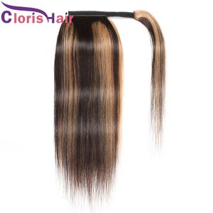 Panio Color Brown Honey Blonde Human Hair Ponytail Extensions Straight 4/27 Colored Brazilian Virgin Wrap Around Ponytails Clip Ins For Black Women