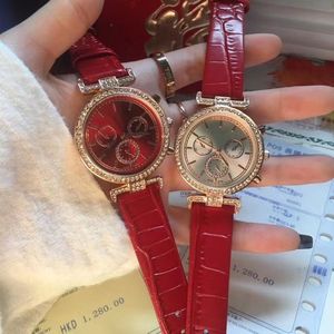 Casual Womens Watches Diamond Wristwatches Red leather strap 33mm dial quartz Watch for lady girl female Christmas Mother's gifts Valentine's Day present montre