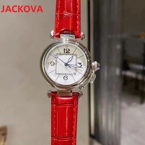 Montre De Luxe 5A Orologi al quarzo in vera pelle rossa blu rosa di qualità da donna con data automatica da uomo, orologio da polso di design, orologio da polso femminile all'ingrosso, 35 mm