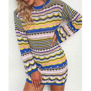 Kvinna Bodycon Långärmad A-Line Klänning Höst Casual O Neck Slim Dresses Multicolor Block Striped Knit Crochet Sweaters Dress Y1204