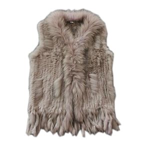 Real ladies Genuine Knitted Rabbit Fur Vest With Raccoon Trimming Waistcoat Winter Jacket harppihop fur 211220