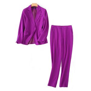 Högkvalitativ tyg kvinna temperament kontorsbyxor kostym tvådelad höst solid färg damer jacka casual 210527