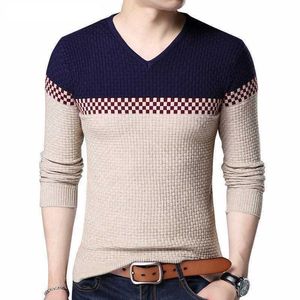 2021 Outono Inverno Quente de Lã de Lã Suéter Casual Hit Color Patchwork V-Pescoço Pullover Homens Marca Slim Fit Algodão Sweater Y0907