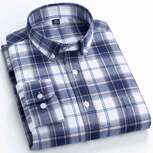 Moda masculina escovado xadrez checkered button-down camiseta Único bolso de manga longa padrão-ajuste casual flannel gingham camisa g0105