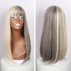 24 tum gråaktig-vit rak syntetisk peruk med bangs simulering mänskliga hår peruker för vita och svarta kvinnor pelucas jc0008x