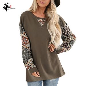 طويلة الأكمام الأعلى المرأة ليوبارد المرقعة الأعلى امرأة بلايات crewneck الخريف النساء الملابس قمم القمصان للنساء vetement فام 210306