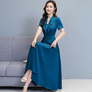 Summer Satin Dresses for Women Korean Style Long Party Wedding Navy Plus Size Clothing 210531