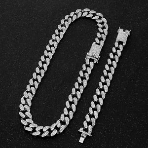 20mm Miami Cuban Link Chain Gold Silver Color Necklace Bracelet Iced Out Crystal Rhinestone Bling Hip Hop Men Jewelry Necklaces X0509