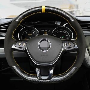 フォルクスワーゲンゴルフ7 MK7 Passat B8用ハンドステッチソフトブラックカーボンファイバーブラックスエードカーステアリングホイールカバー