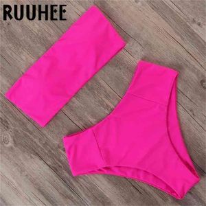 Ruuhee High Waisted Neon Bikini Kvinna Bandeau Badkläder Mayo Push Up Badkläder Tube Top Sexig Två Piece Baddräkt För Kvinnor 210621