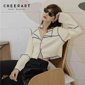 CHEERART Contrast Stitch Cropped Cardigan Women Long Sleeve Button Up Cardigan Sweater Ribbed Knitted Top Korean Fashion 210917