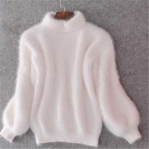Inverno Nova Moda Engrossou Turtleneck Quente Mohair Sweater Feminina Lanterna Manga Casual Color Sólido Slim Simples Pullover X0721