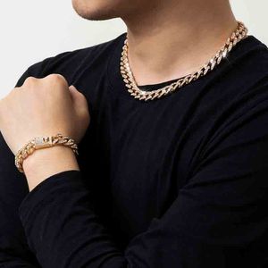 Hip Hop Miami Curb Iced Out Dżetów Link Łańcuch Naszyjnik i Bransoletka Zestaw Biżuterii Kubańska Chain Bling Rapper Naszyjniki dla mężczyzn