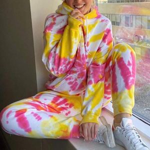 2st Kvinnor Färgglada Casual Sweatshirt Långärmad Tie Dye Print Pullover DString Tops Hoodie Byxor Set X0526