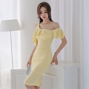 黄色いオフィスボディコンドレス韓国の女性夏1つの肩のフリルパーティータイトドレス