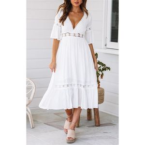 Elegant White Women Dress Sexy V-Neck Lace Patchwork Flare Sleeve High Street Long Midi Female Beach Dresses Plus Size W528 210715