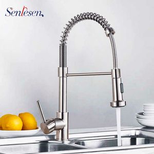 Senlesen Spring Kitchen Sink Faucet Double Water Modes Kupfer Kitchen Faucet Rotating Sink Faucet and Cold 210724