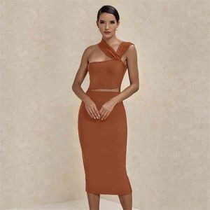 Bandaż Suknie Wysokiej Jakości Lato Tan Cut Out Bodycon Sukienka Kobiety Eleganckie Sexy Mid Evening Club Celebrity Party Dress 210730