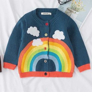 Baby Kids Jacket Barnkläder Stickad tröja Bump Color Round Neck Fall Långärmad Rainbow Cardigan av tjejerna 211204
