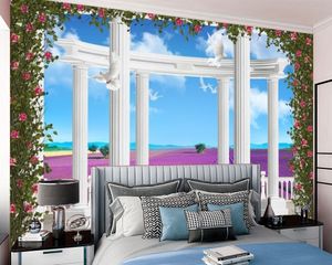 Coluna Romana Europeia Roxo Flor Mar 3D Papel De Parede Sala de Visitas Quarto Melhoria Home Melhoria de Seda Mural Wall Papers