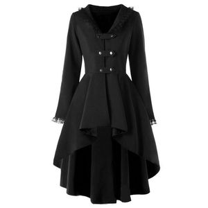 Trench da donna Abito asimmetrico in pizzo Fasciatura Gotico Vintage Cappotto medio lungo Donna Cintura nera Mantello Giacca a vento Donna Abrigos Patchwor