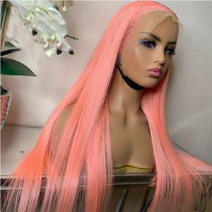 180%Dichte weiche lange, gerade brasilianische Perücke rosa Farb Perücken glänzend synthetische Spitzen -Spitzen -Vorderperücke für schwarze Frauen mit Babyhaar -Cosplay/Party