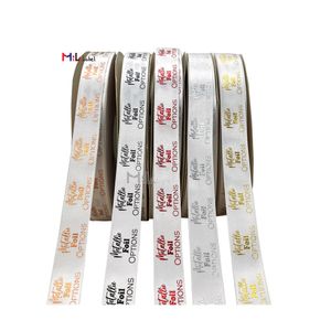 Perosnalised Custom Ribbon For Gift Wrapping Sewing Notions Metalic Foil Printed Satin Silk Tape Roll With Logo