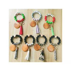 Foreign trade food grade silicone beads wrist keychain PU leather tassel blank disc key ring wholesale female multi-color optional