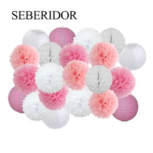 21Pieces Pink Set Round Paper Lantern For Baby Girl Shower Decoration Baptism Party Decor Hanging Pompom Crafts Ornament 211015