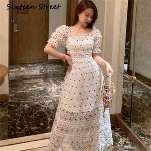Summmer White Lace Dress Woman Puff Sleeve Square Collar Patchwork Maxi Female Party Street Casual Vestido 210603