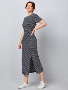 Striped Print Twist Front Slit Hem Dress SHE