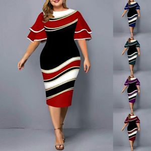 Casual Dresses Geometric Print Women Bodycon Dress Layered Short Sleeve O Neck Slim Midi Elegant Formell Vestidos defiesta