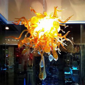 Tiffany-Lampen, künstlerische bernsteinfarbene Murano-Kronleuchter, moderne Pendelleuchte, LED-Lampen, mundgeblasener Glaskronleuchter, 32 x 32 Zoll, Duplex-Gebäudelampe