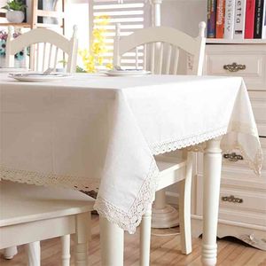 Christmas Linen Cotton Thicken Solid Tablecloth White Lace Hem Splice Washable Coffee Dinner Table Cloth for Wedding Banquet 210626
