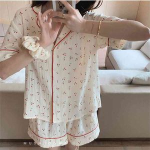 QWeek ternos de algodão com shorts menina coreana mulheres pijama de verão pijama cereja pijama manga curta sleepwear nightie 210809