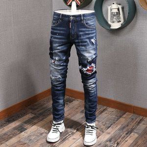 Włoski styl Moda Mężczyźni Jeans Retro Dark Blue Slim Fit Ripped Denim Spodnie Patchwork Designer Streetwear Hip Hop Long Long