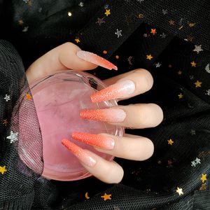 Naken Orange Ombre Franska Nails Ballerina Long Coffin Glänsande Naglar Akryl Tryck på Nail Art Set 24pcs