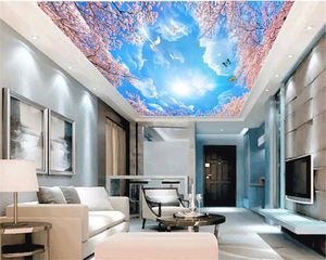 Sfondi Carta da parati 3D Alberi rosa Cielo blu Uccelli Farfalle Murale in seta Zenith Premium personalizzato