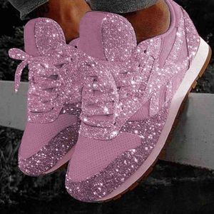Kadın Sneakers Casual Glitter Ayakkabı Bayanlar Örgü Düz Ayakkabı Kadın Dantel Up Pullu Vulkanize Ayakkabı Açık Spor Koşu Ayakkabısı H1115