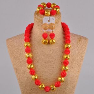 Orecchini Collana 24 pollici Set di gioielli con perle rosse simulate Matrimonio africano FZZ34