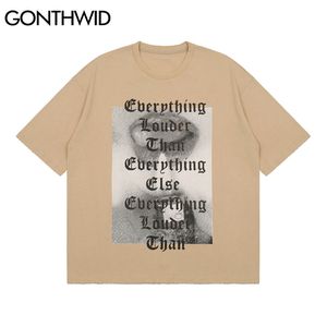 Tees Shirts Hip Hop Ripped Distressed Print Kortärmad Tshirts Punk Rock Gothic Cotton Loose Harajuku Casual Men Tops 210602