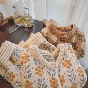 Wiosna Jesień Kobiety Młody Styl Prairie Chic Kwiaty Raglan Rękaw Rękaw Kwiatowy Harajuku Sweter Dzianiny Cardigan Bluzy Cienkie ubrania 210806