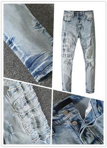 Męskie Dżinsy Designer Marka Mężczyźni Płukany Blue Slim-Nogi Lekki Denim Stretch Hip Hop Wrinkle Patch Skinny Top Quality Spodnie Rozmiar W28-W40